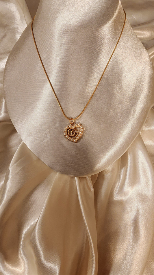 Repurposed Vintage Pearl Heart Charm Necklace- GG Era