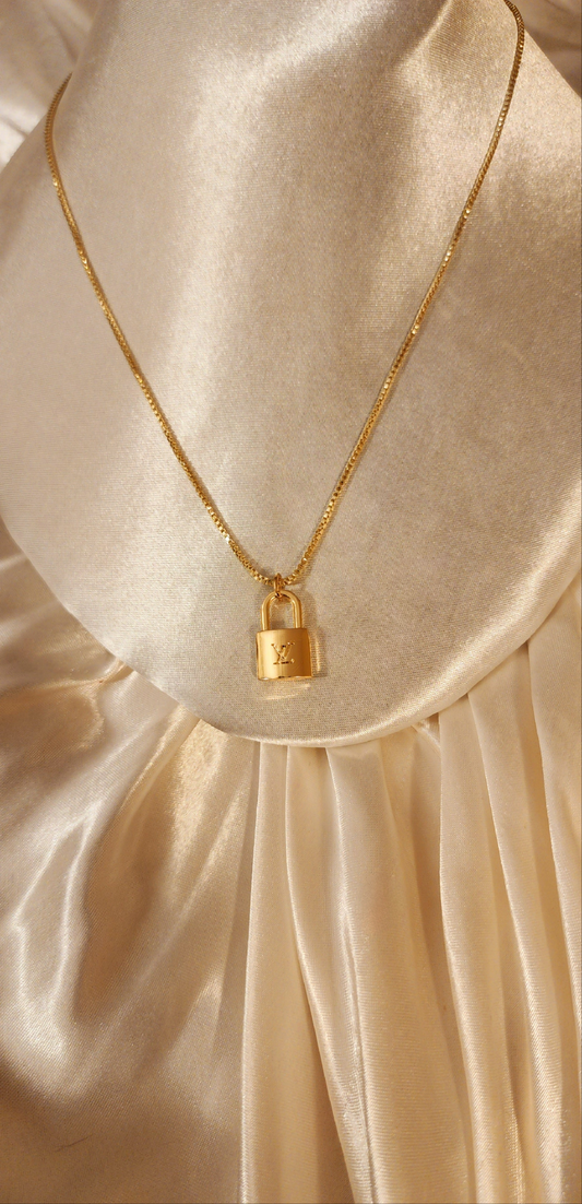 Repurposed Mini Vintage Pad Lock Charm Necklace- LV Era