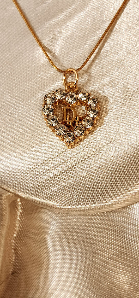Repurposed Vintage Crystal Heart Charm Necklace- DR Era