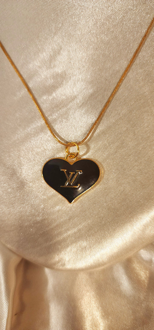Repurposed Vintage Black Heart Charm Necklace- LV Era
