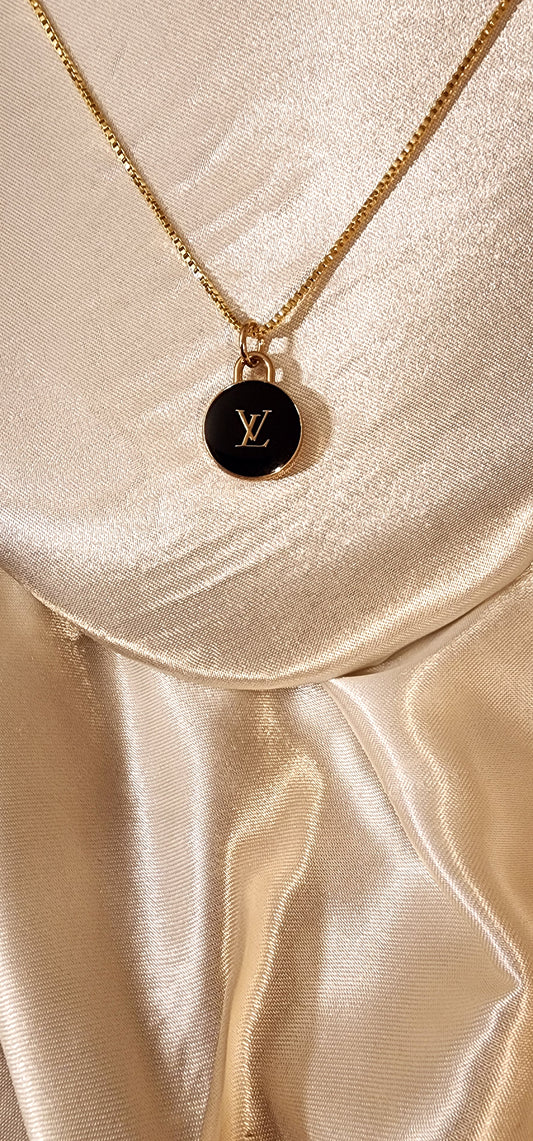 Repurposed Vintage Designer Black Charm Necklace- LV Era